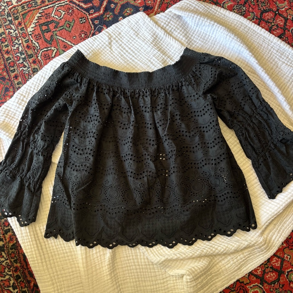 LoveShackFancy Black Eyelet Off-Shoulder Blouse